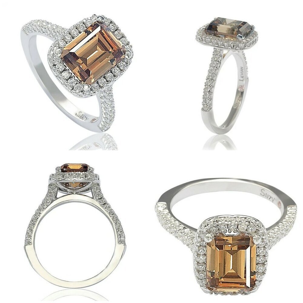 💕SUZY LEVIAN💕 Bridal Cubic Zirconia with Halo Ring Sterling Silver Brown 9 NWT